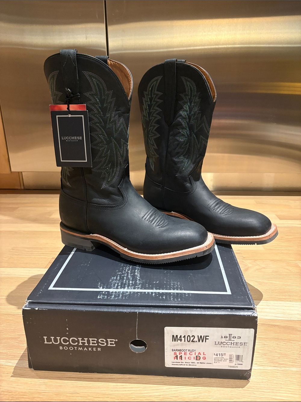 Lucchese Black Leather Cowboy Boots with Tan Welt